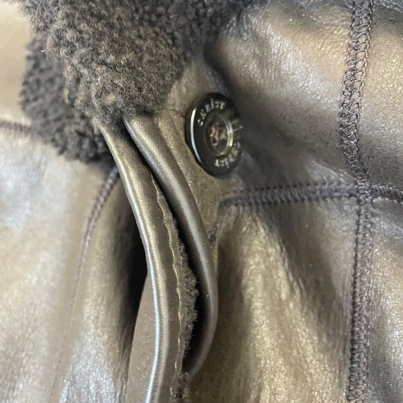 Christ Womens Dark Brown Leather Coat Button Front Shearling Collar Longline Sz - Picture 5 of 7